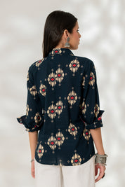 Blue Ikat Cuff Accent Shirt