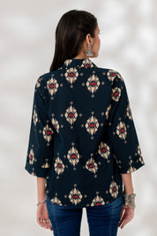 Blue Ikat Collared Top