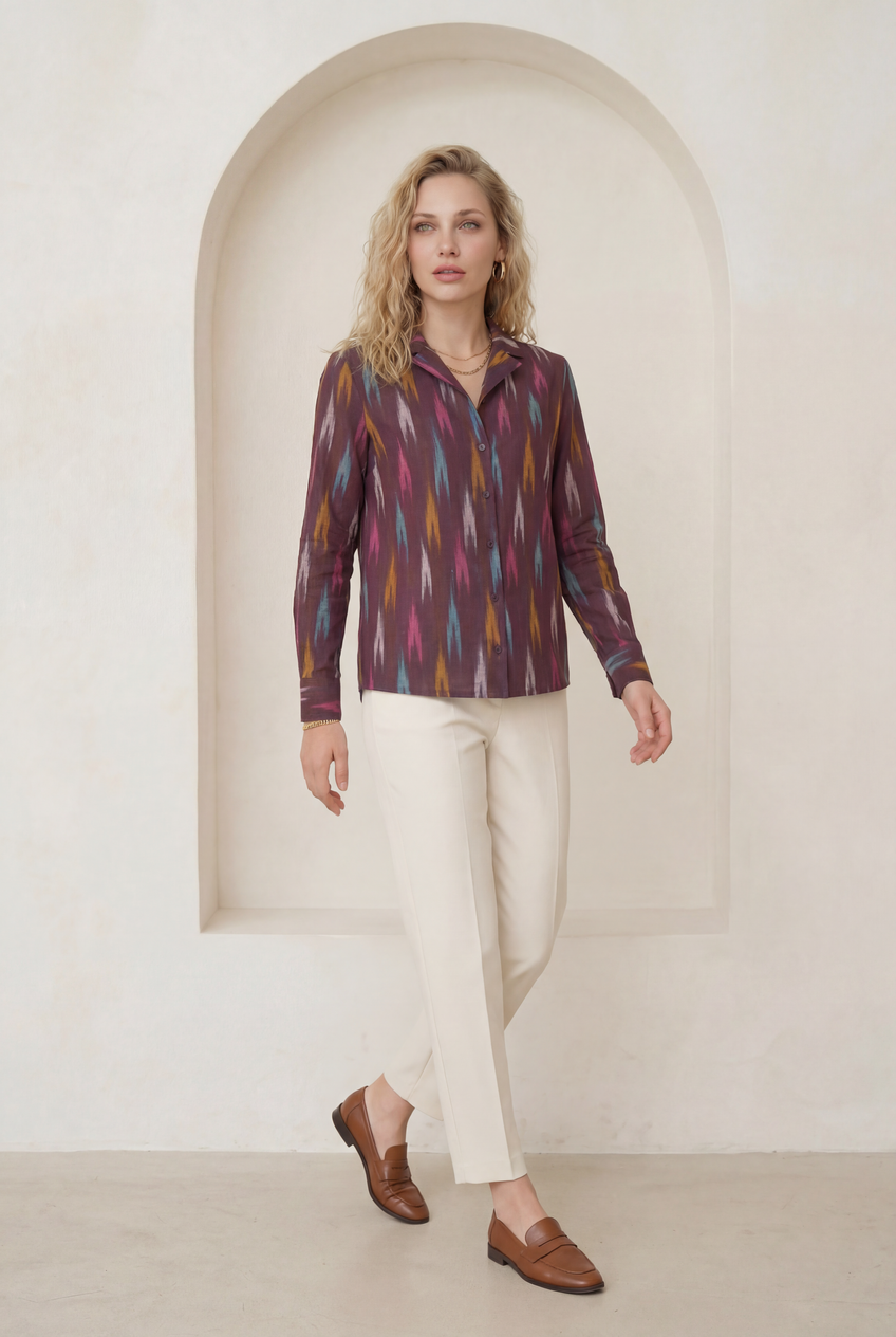 Brown Ikat Lapel Collared Shirt
