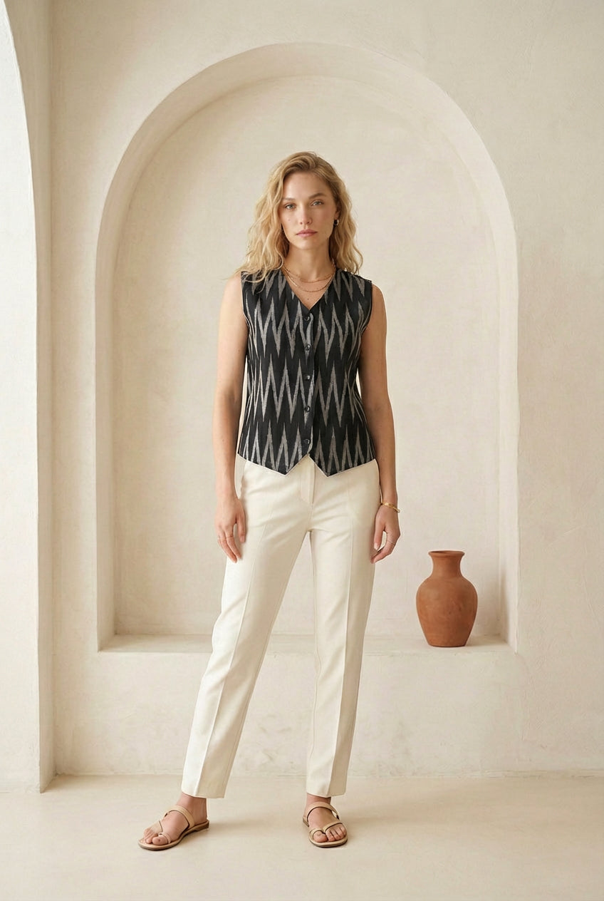 Charcoal Black Ikat Button Top