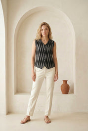 Charcoal Black Ikat Button Top