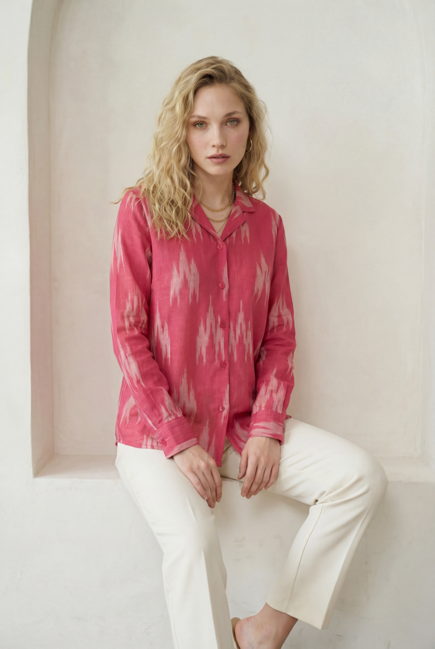 Fuchsia Pink Ikat Lapel Collared Shirt