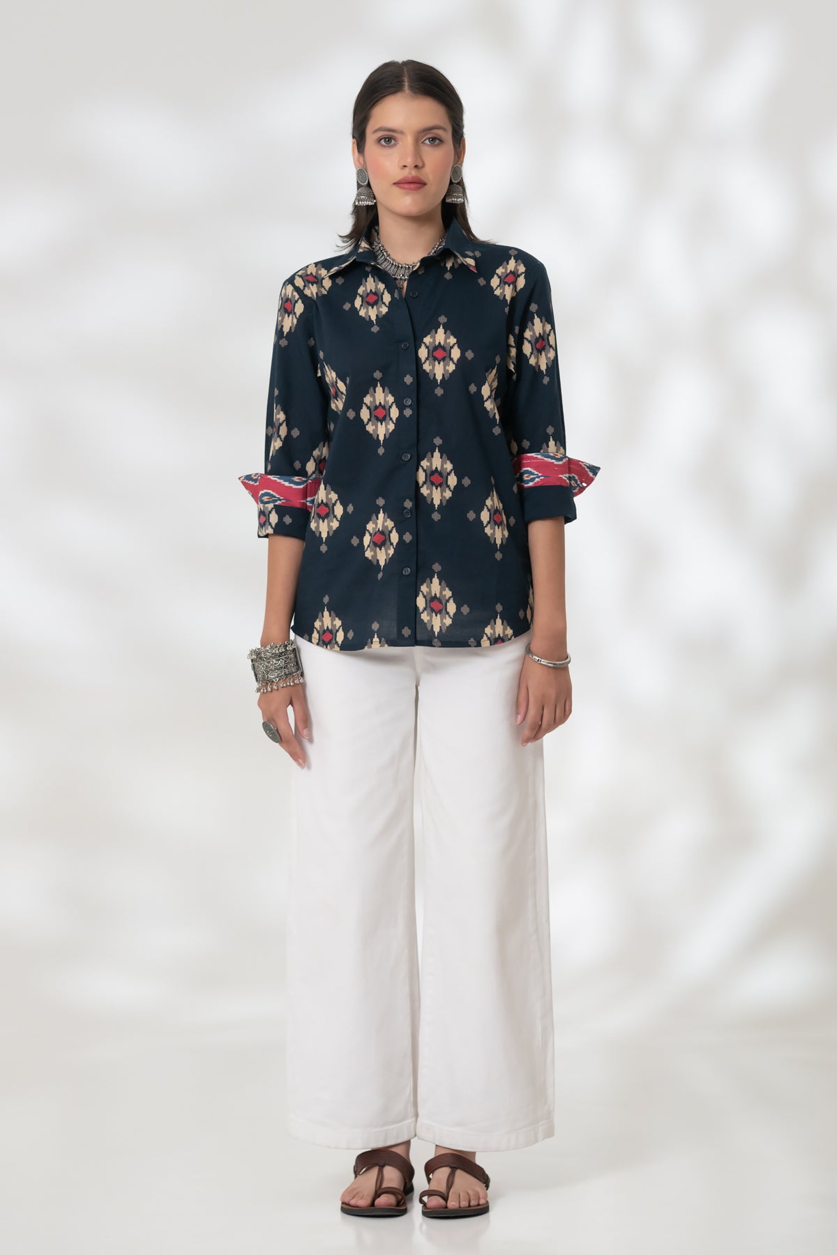 Blue Ikat Cuff Accent Shirt