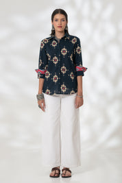 Blue Ikat Cuff Accent Shirt