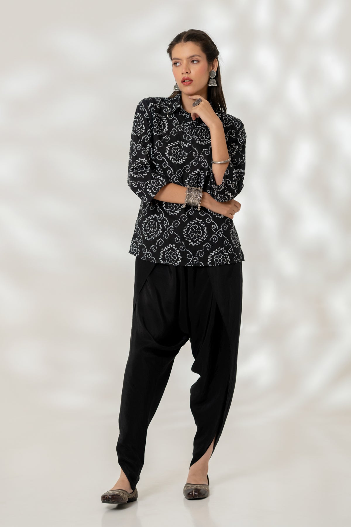 Black Bandhej Collared Top