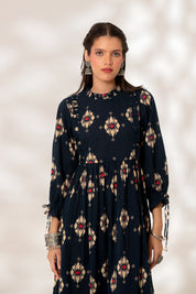 Blue Ikat Gathered Dress