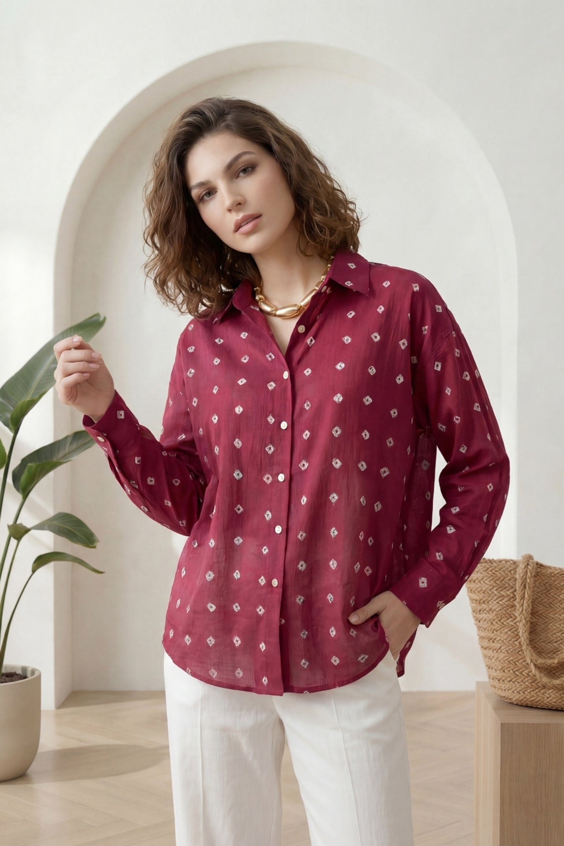 Dark Pink Bandhej Full-Sleeve Shirt