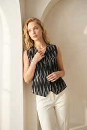 Charcoal Black Ikat Button Top