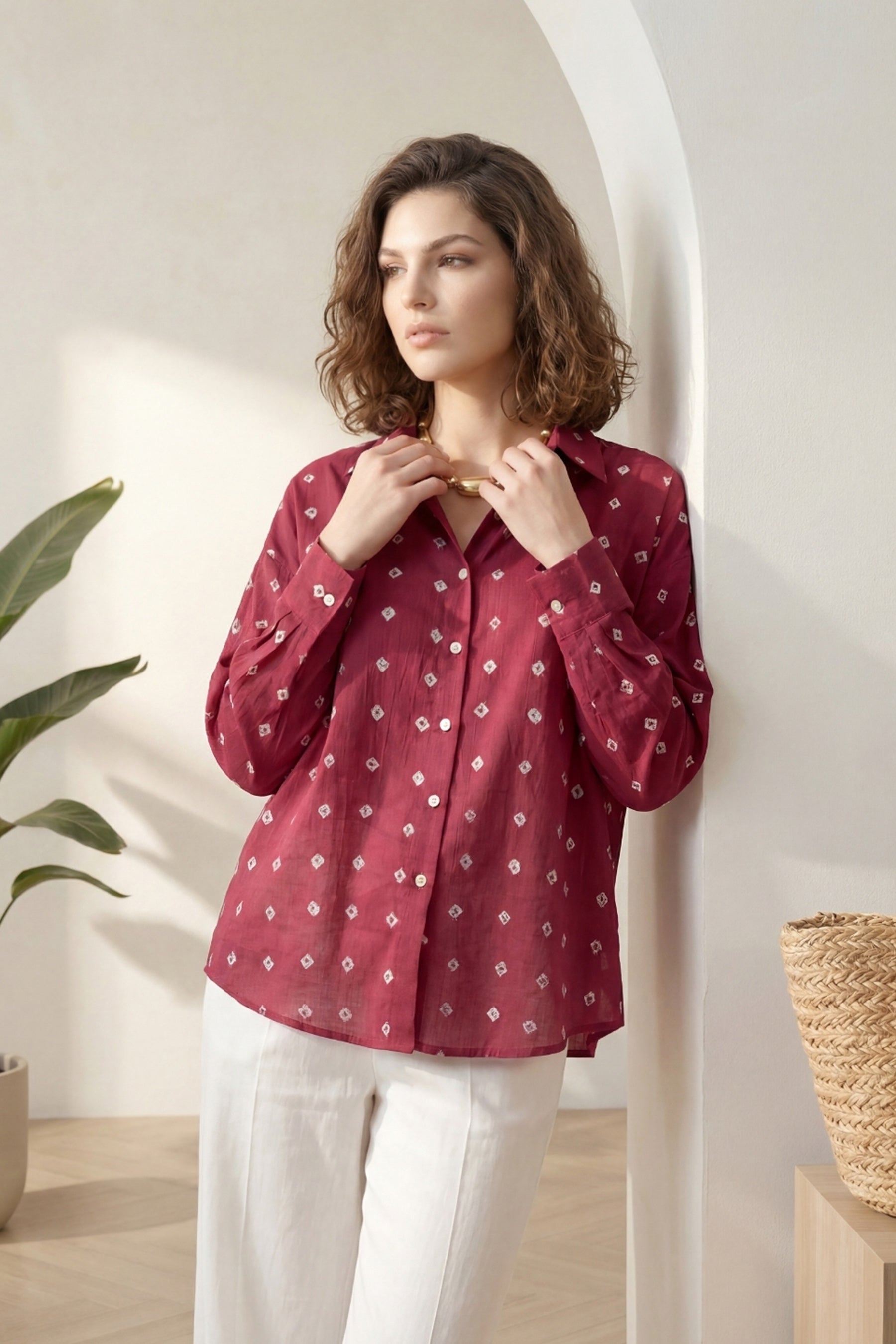 Dark Pink Bandhej Full-Sleeve Shirt