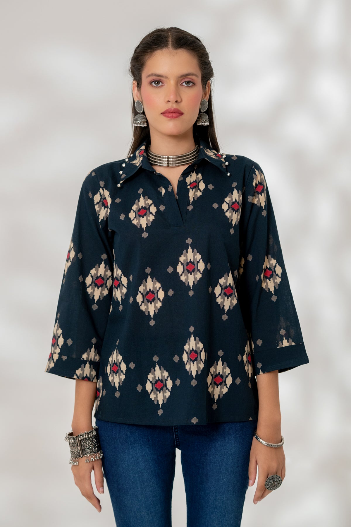 Blue Ikat Collared Top
