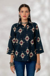 Blue Ikat Collared Top