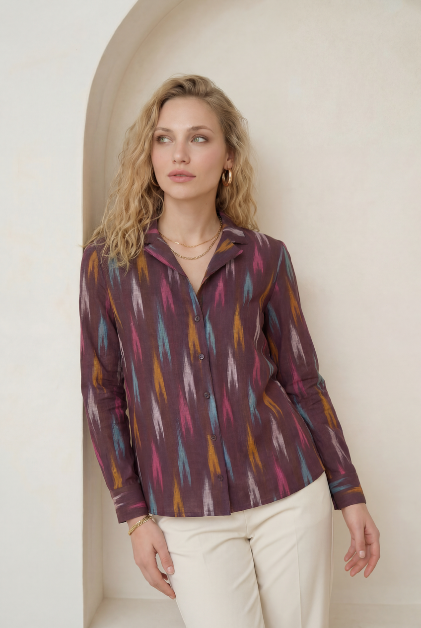 Brown Ikat Lapel Collared Shirt