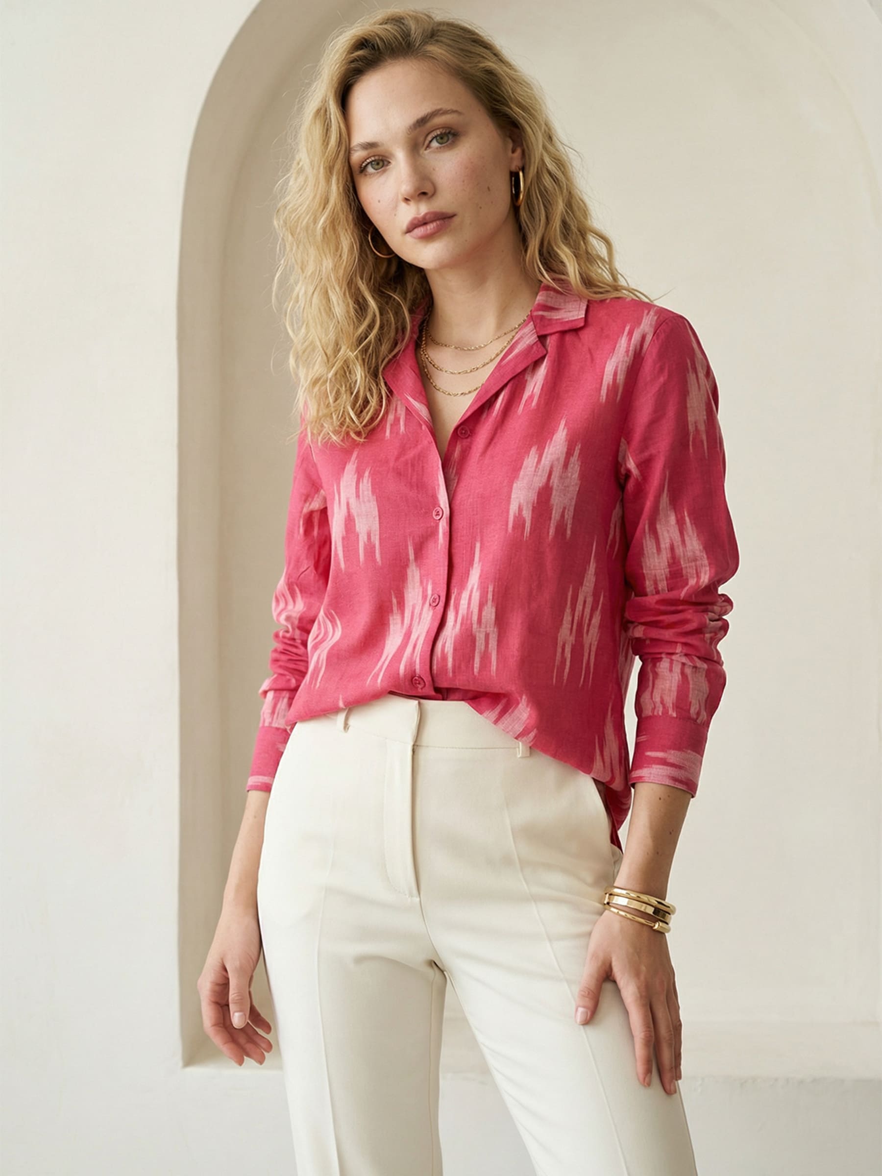 Fuchsia Pink Ikat Lapel Collared Shirt