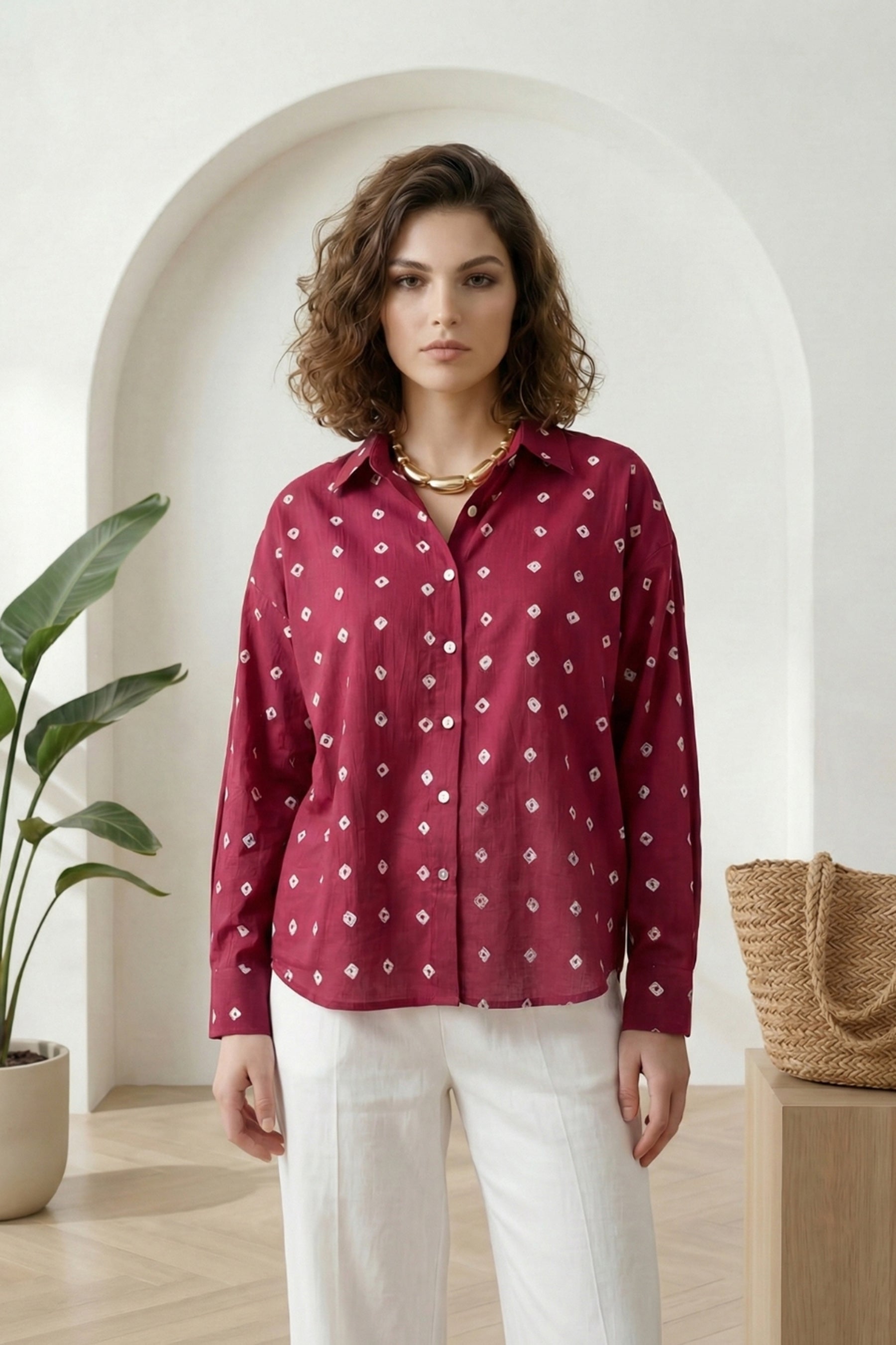 Dark Pink Bandhej Full-Sleeve Shirt