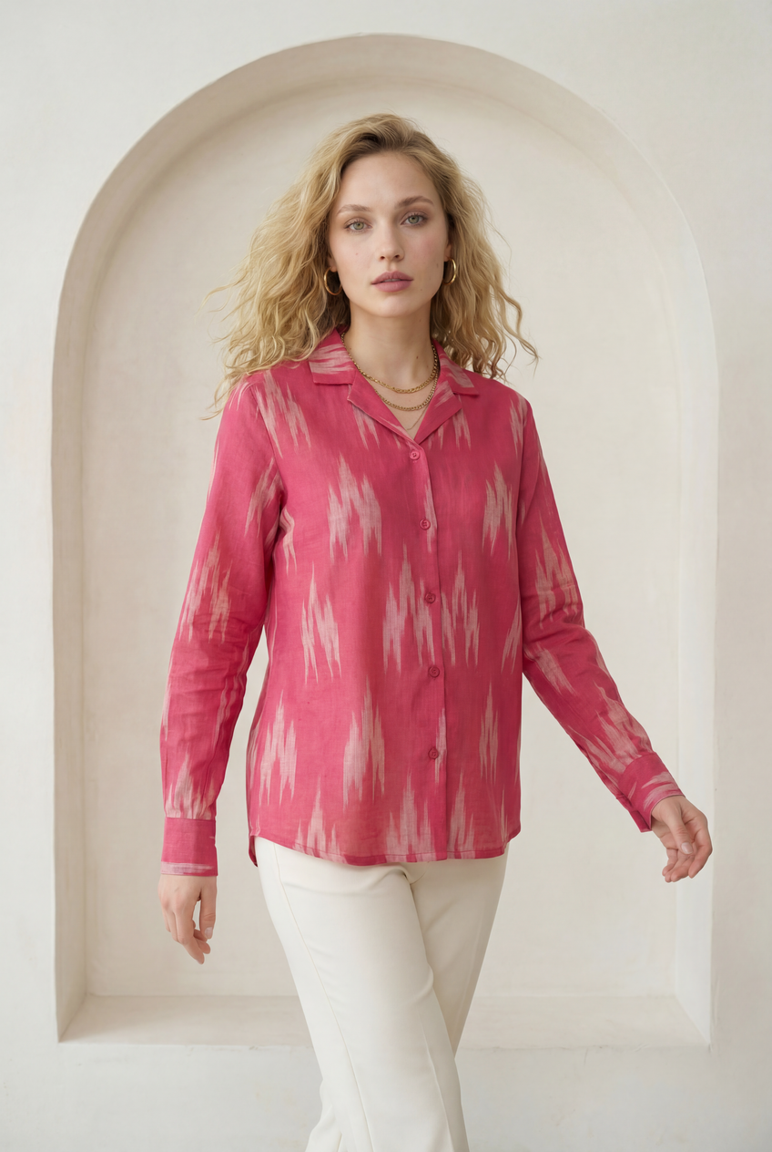 Fuchsia Pink Ikat Lapel Collared Shirt