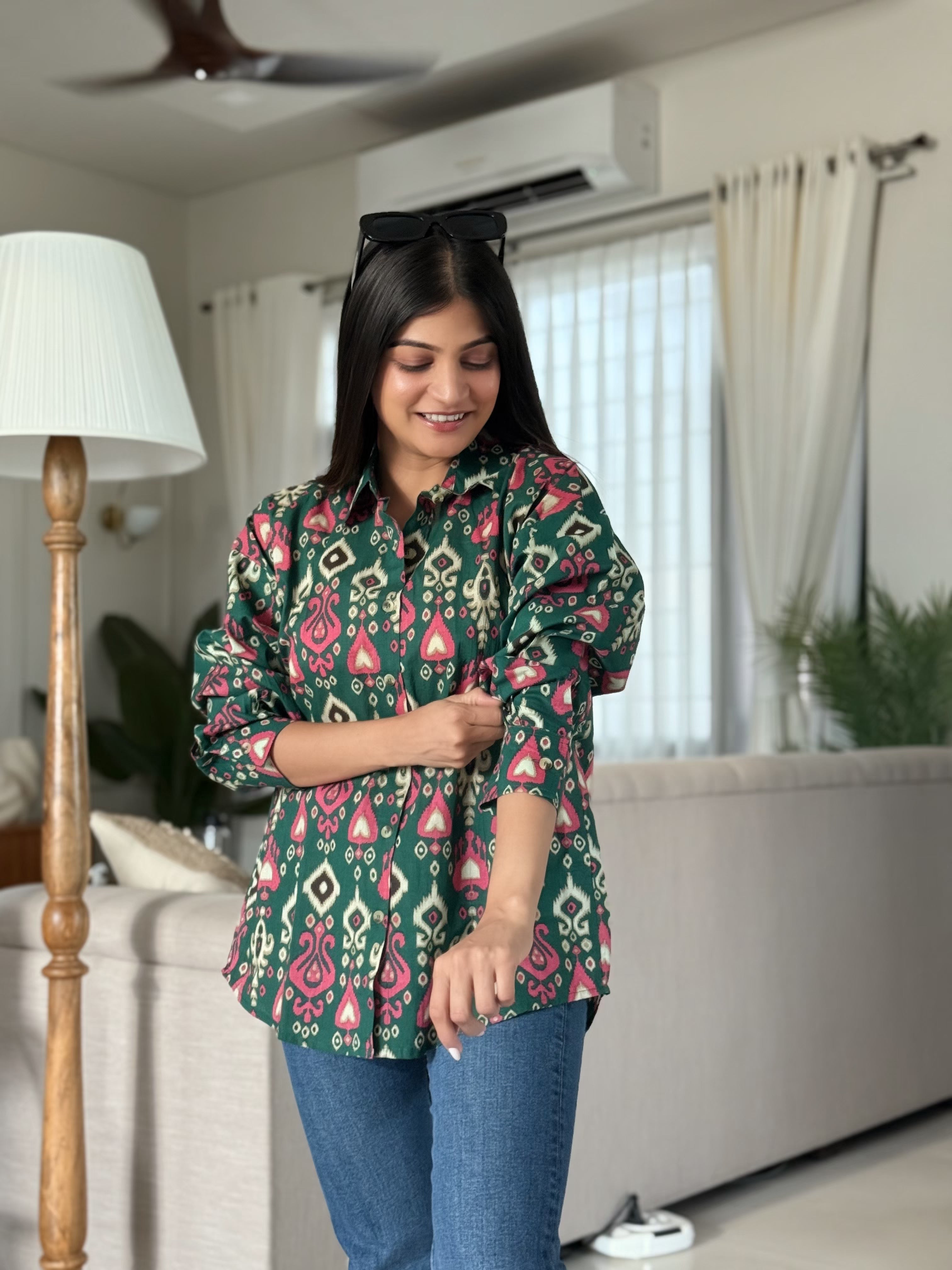 Green & Pink Ikat Print Full-Sleeve Shirt