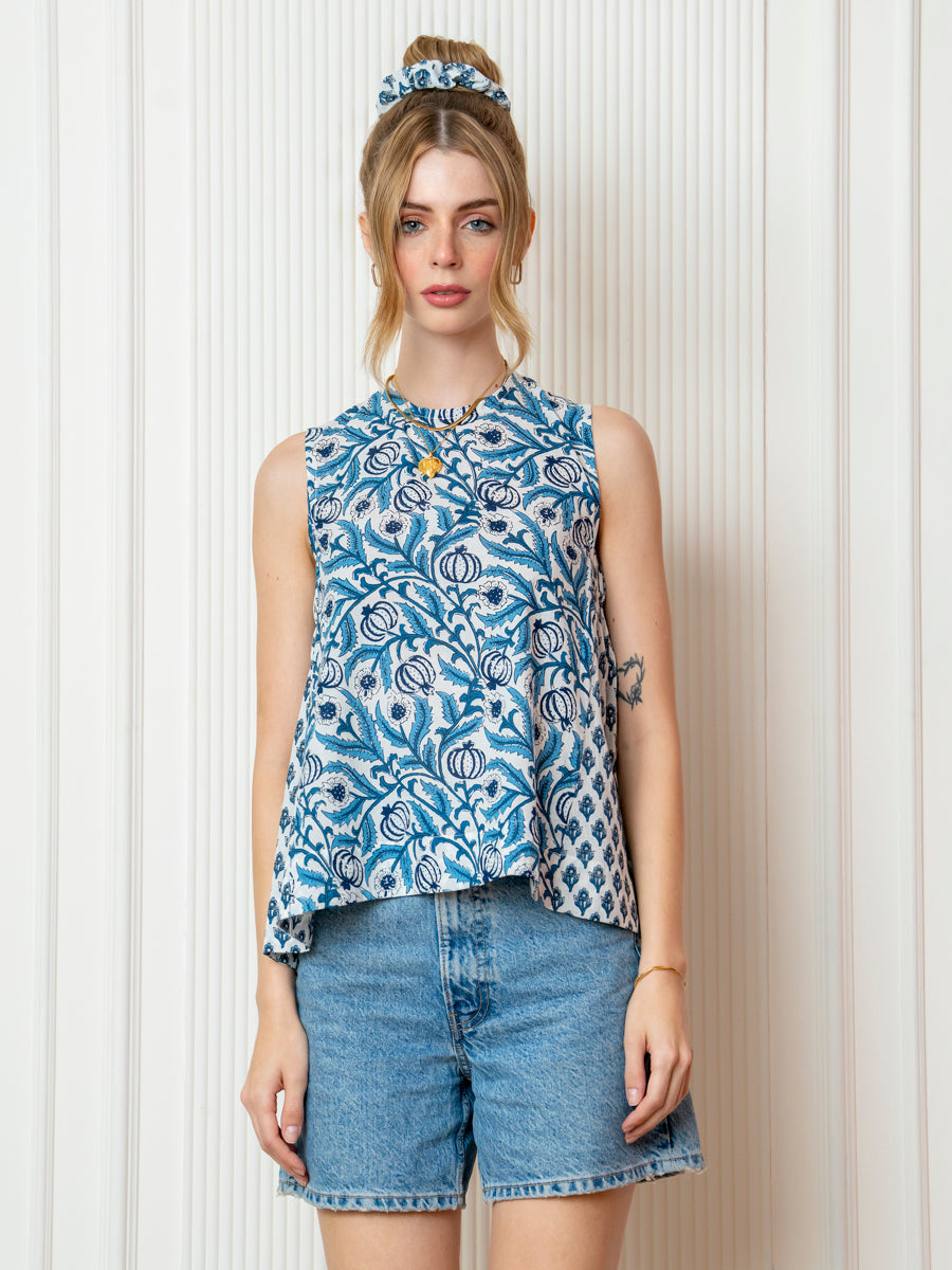Blue Floral Print Side Gathered Shirt