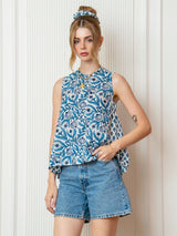 Blue Floral Print Side Gathered Shirt