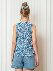 Blue Floral Print Side Gathered Shirt