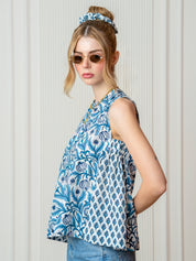 Blue Floral Print Side Gathered Shirt