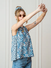 Blue Floral Print Side Gathered Shirt