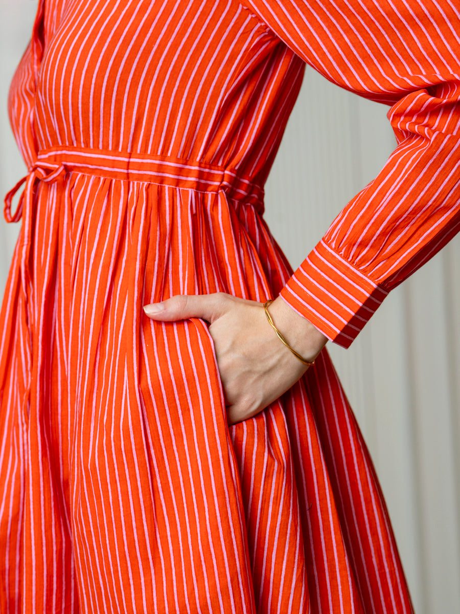 orange and white striped shirt dress Orange Striped Collared Shirt Dress