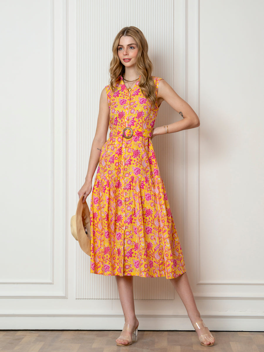 Yellow Floral Sleeveless Midi dress