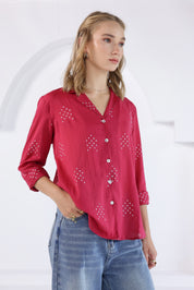 Pink Bandhej Lapel Collared Shirt