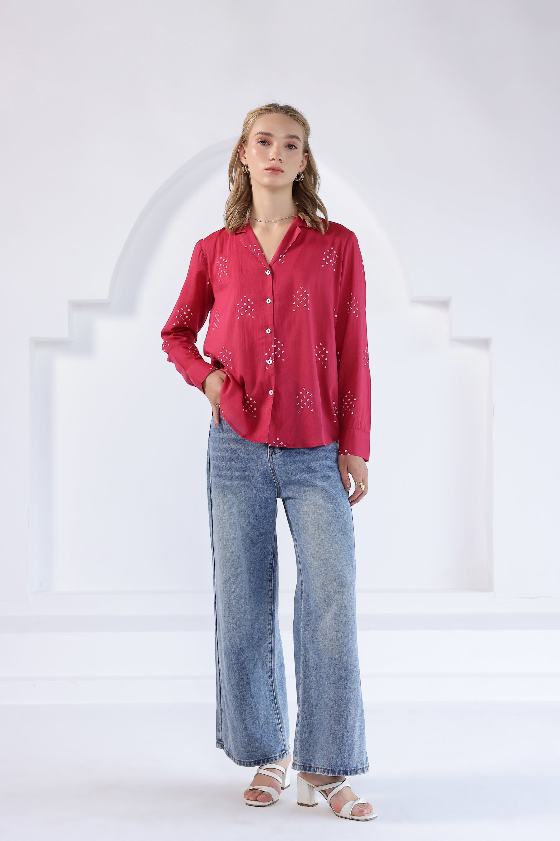 Pink Bandhej Lapel Collared Shirt