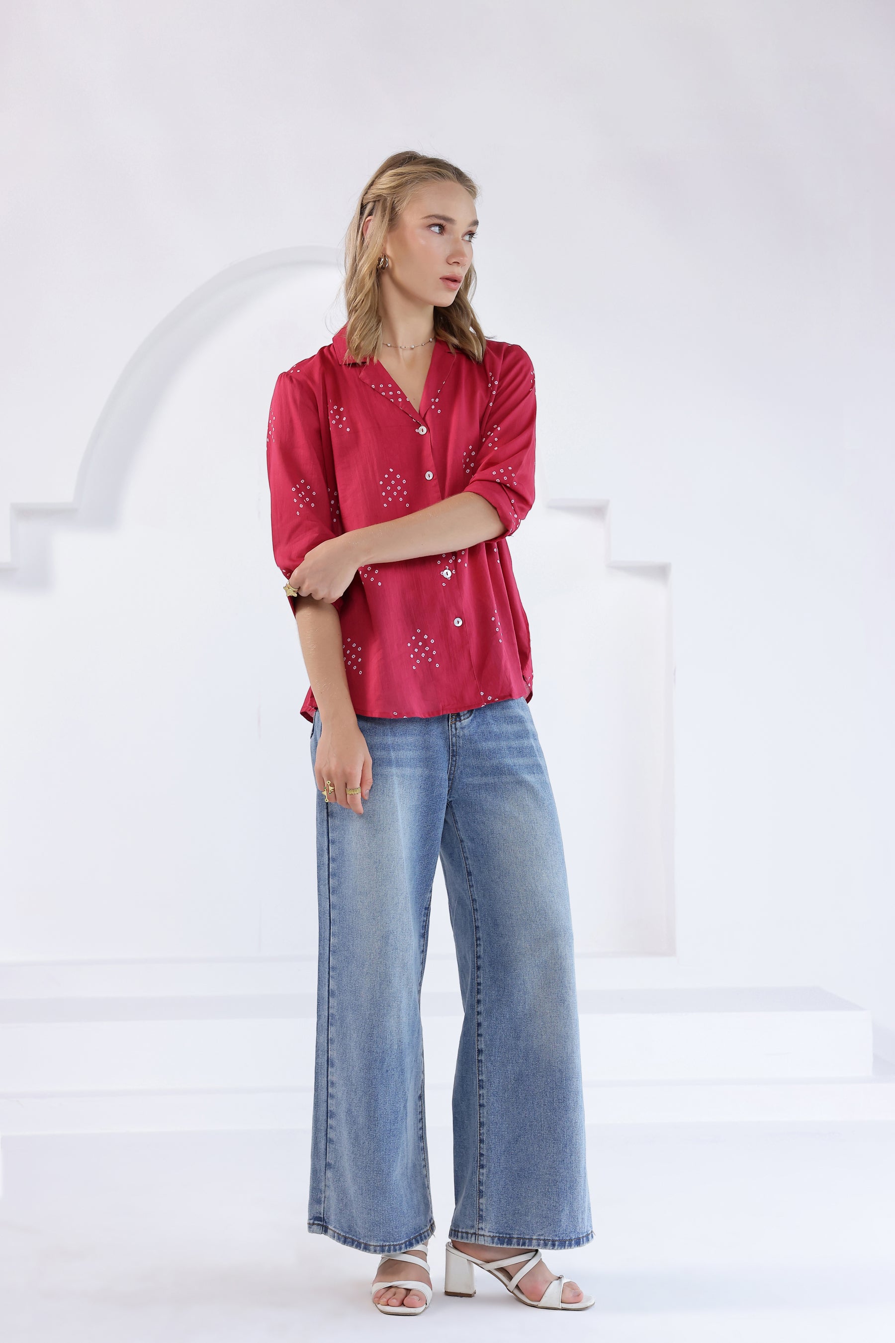 Pink Bandhej Lapel Collared Shirt
