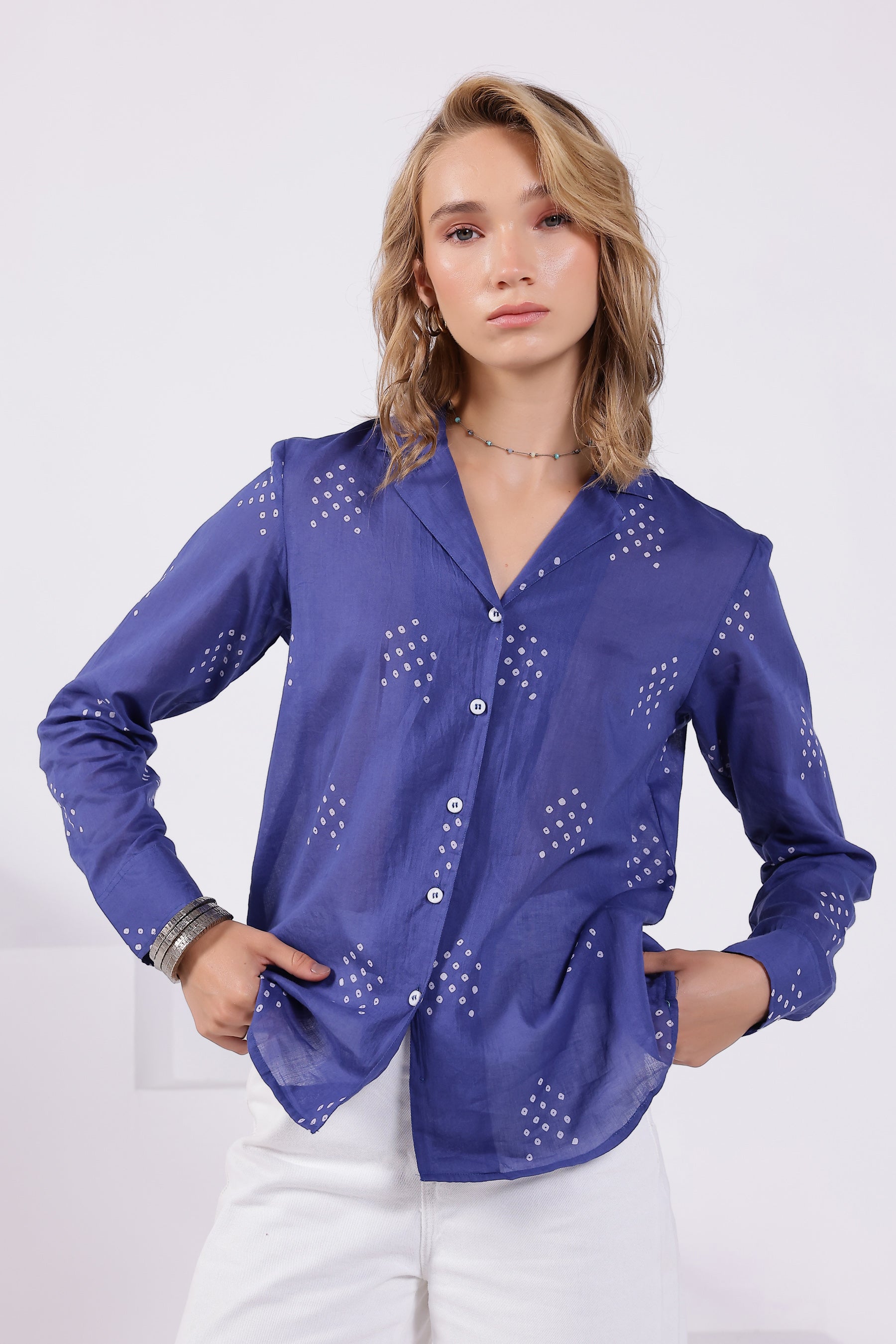 Blue Bandhej Lapel Collared Shirt