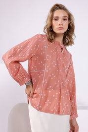 Peach Bandhej Mandarin Collar Shirt