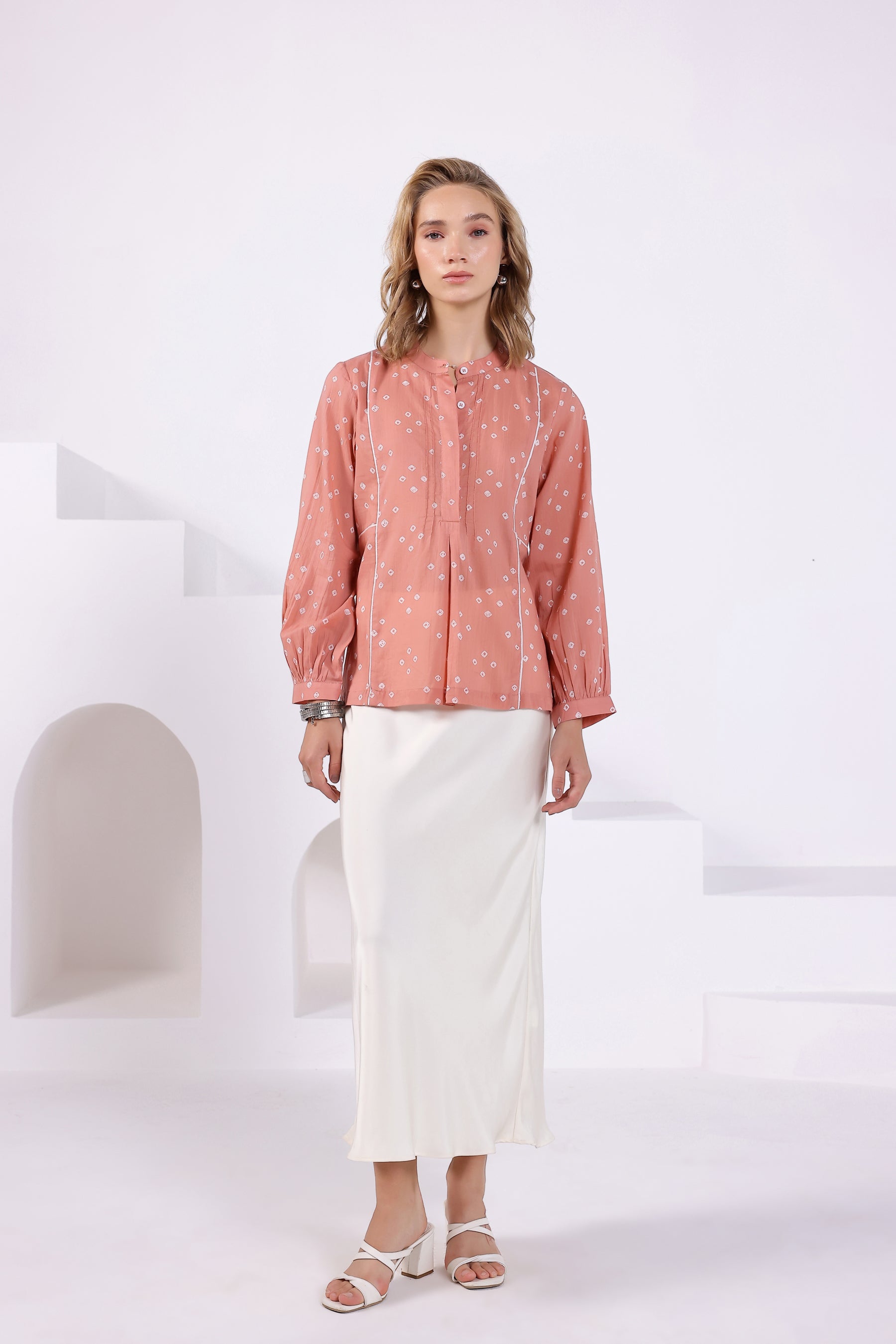 Peach Bandhej Mandarin Collar Shirt