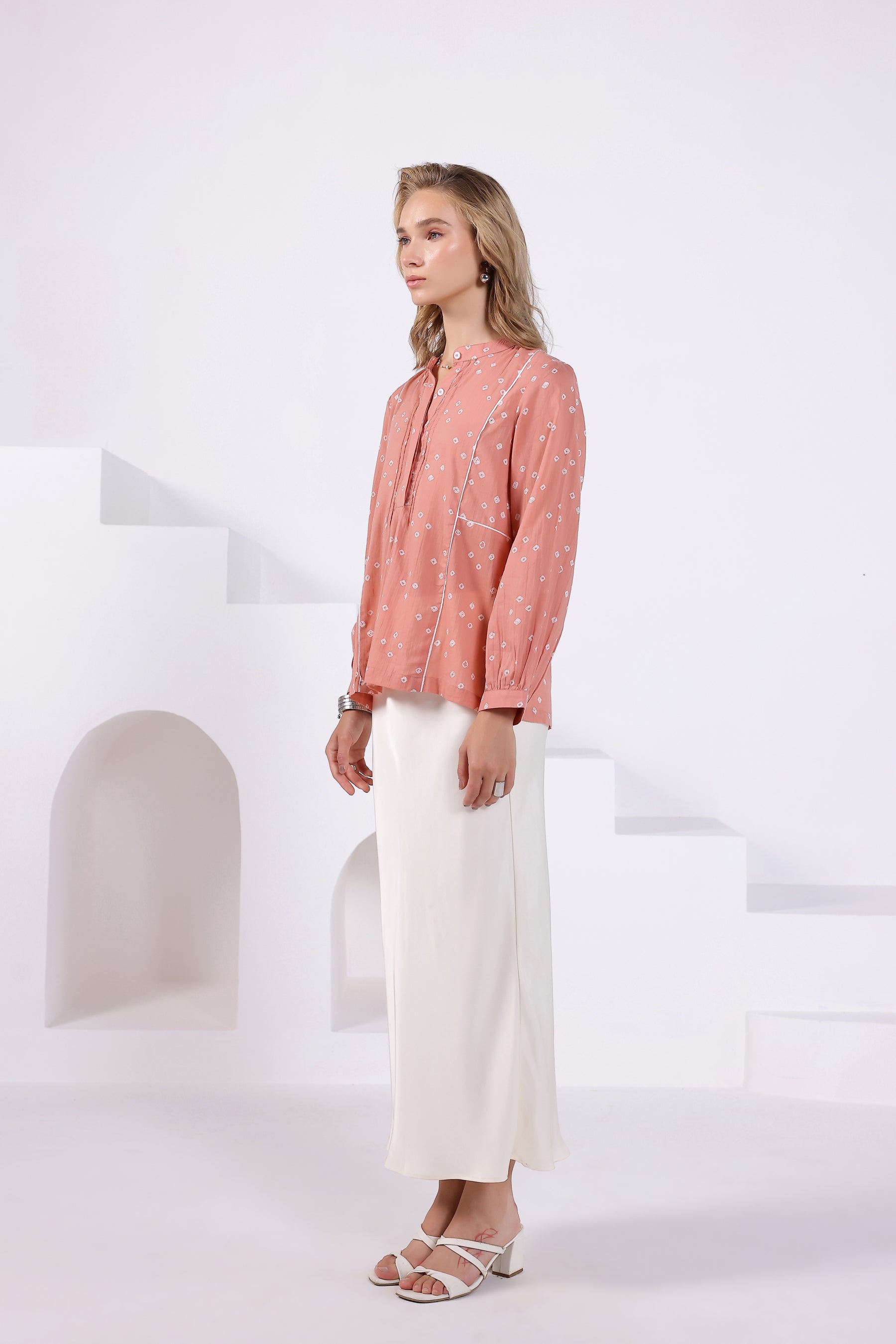 Peach Bandhej Mandarin Collar Shirt