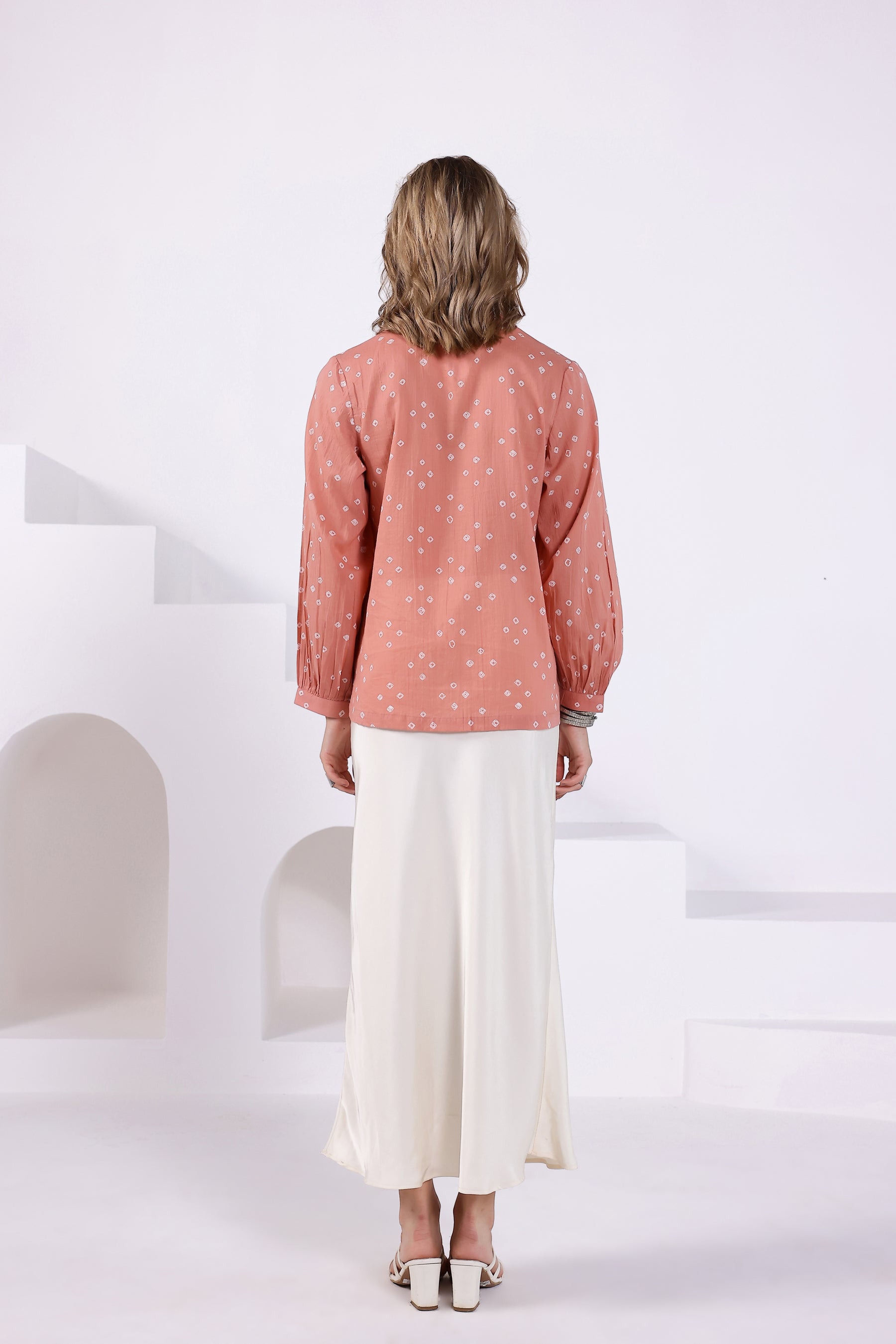 Peach Bandhej Mandarin Collar Shirt