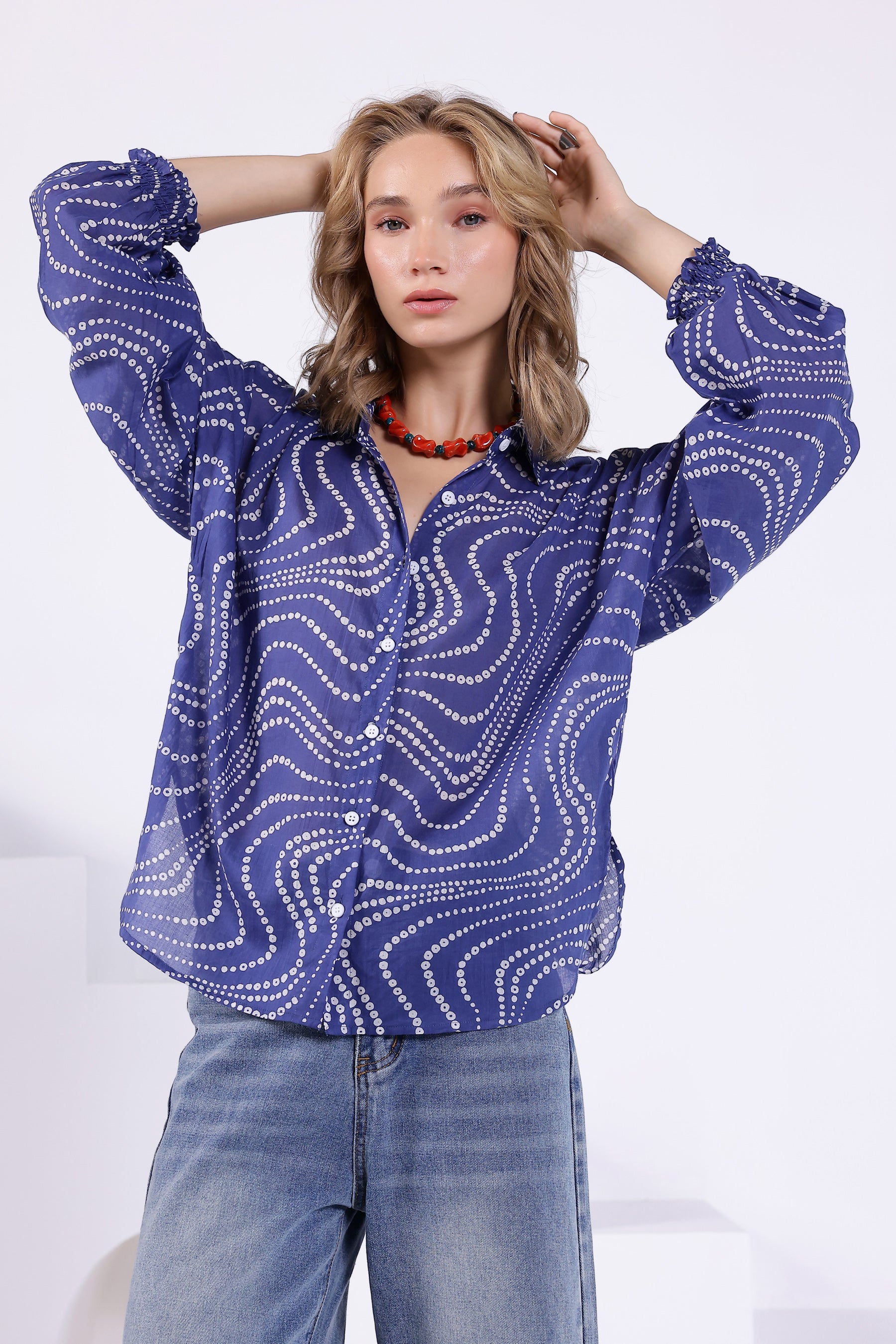 Blue Bandhej Oversized Batwing Shirt