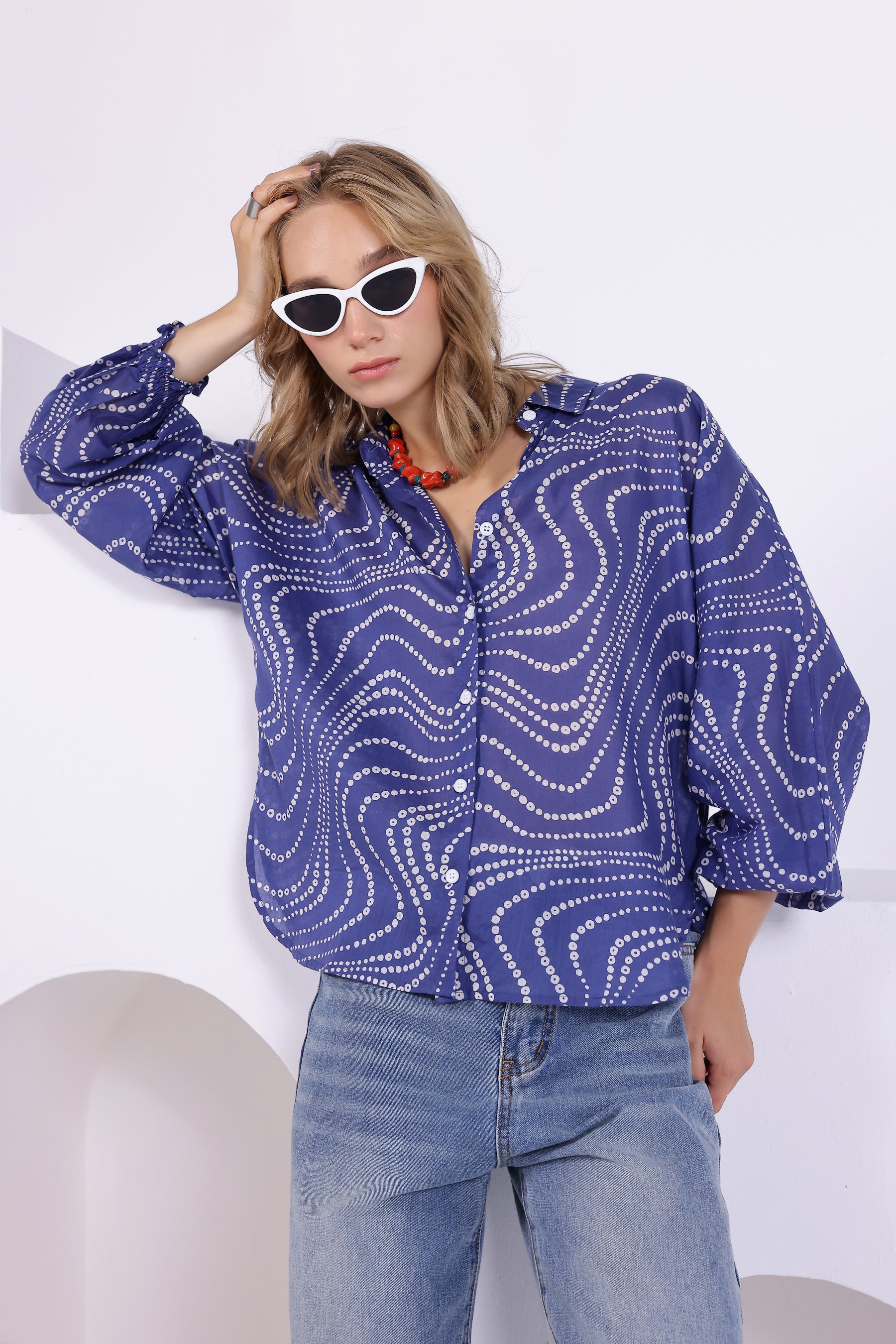 Blue Bandhej Oversized Batwing Shirt