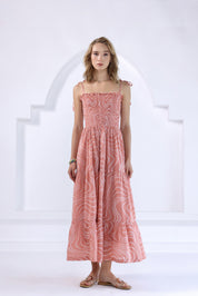 Peach Bandhej Smocked Long Dress