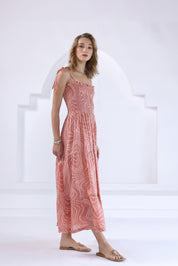 Peach Bandhej Smocked Long Dress