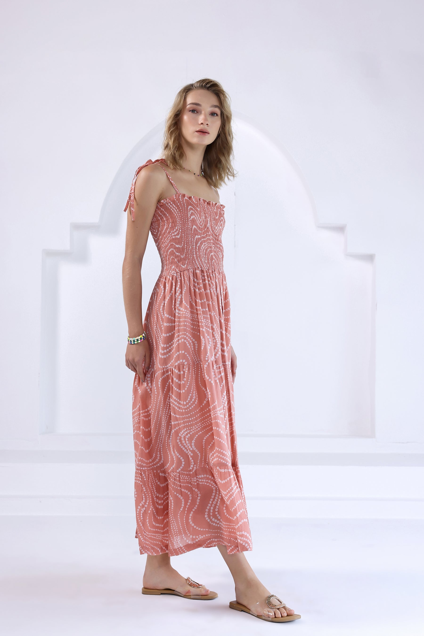 Peach Bandhej Smocked Long Dress