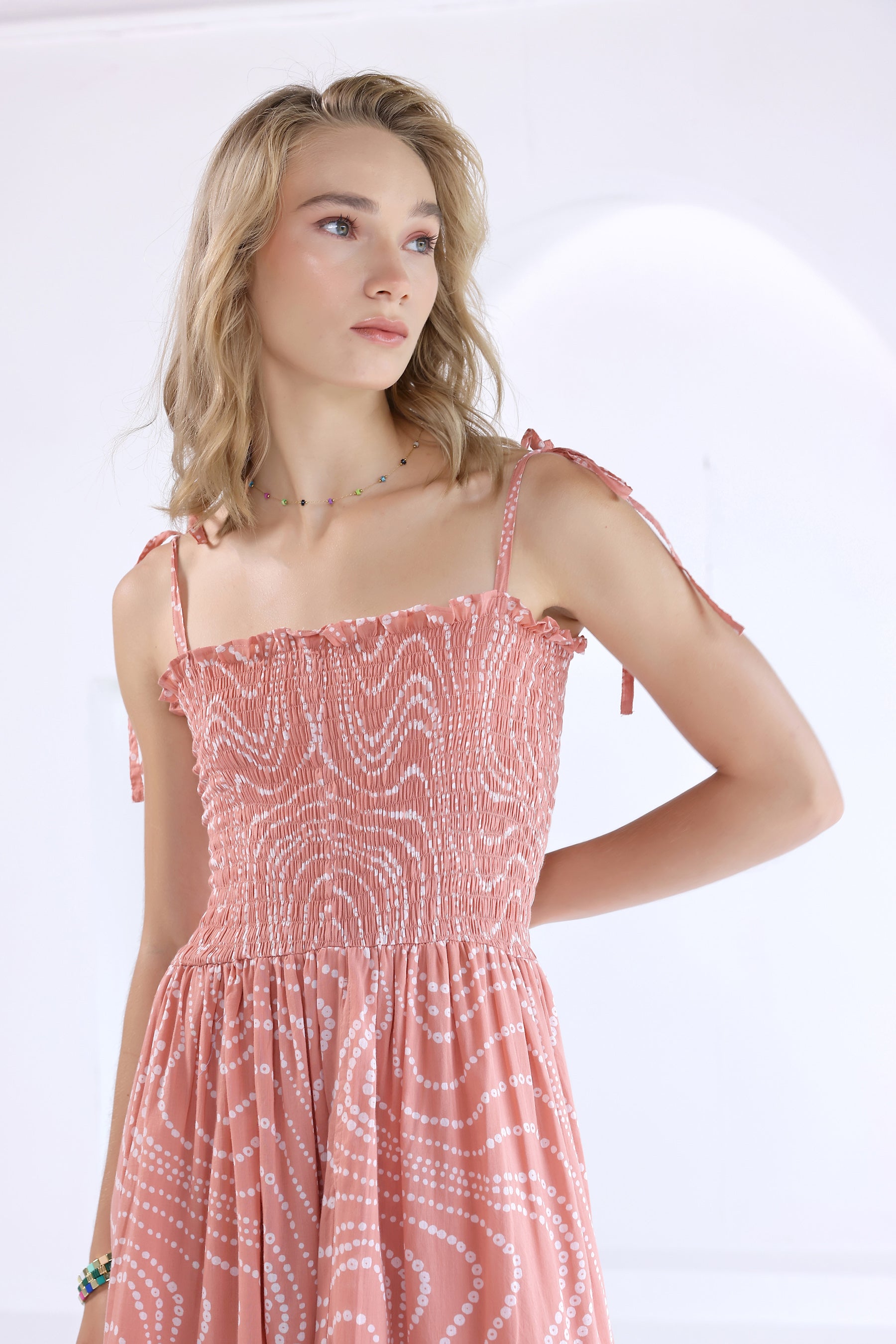Peach Bandhej Smocked Long Dress