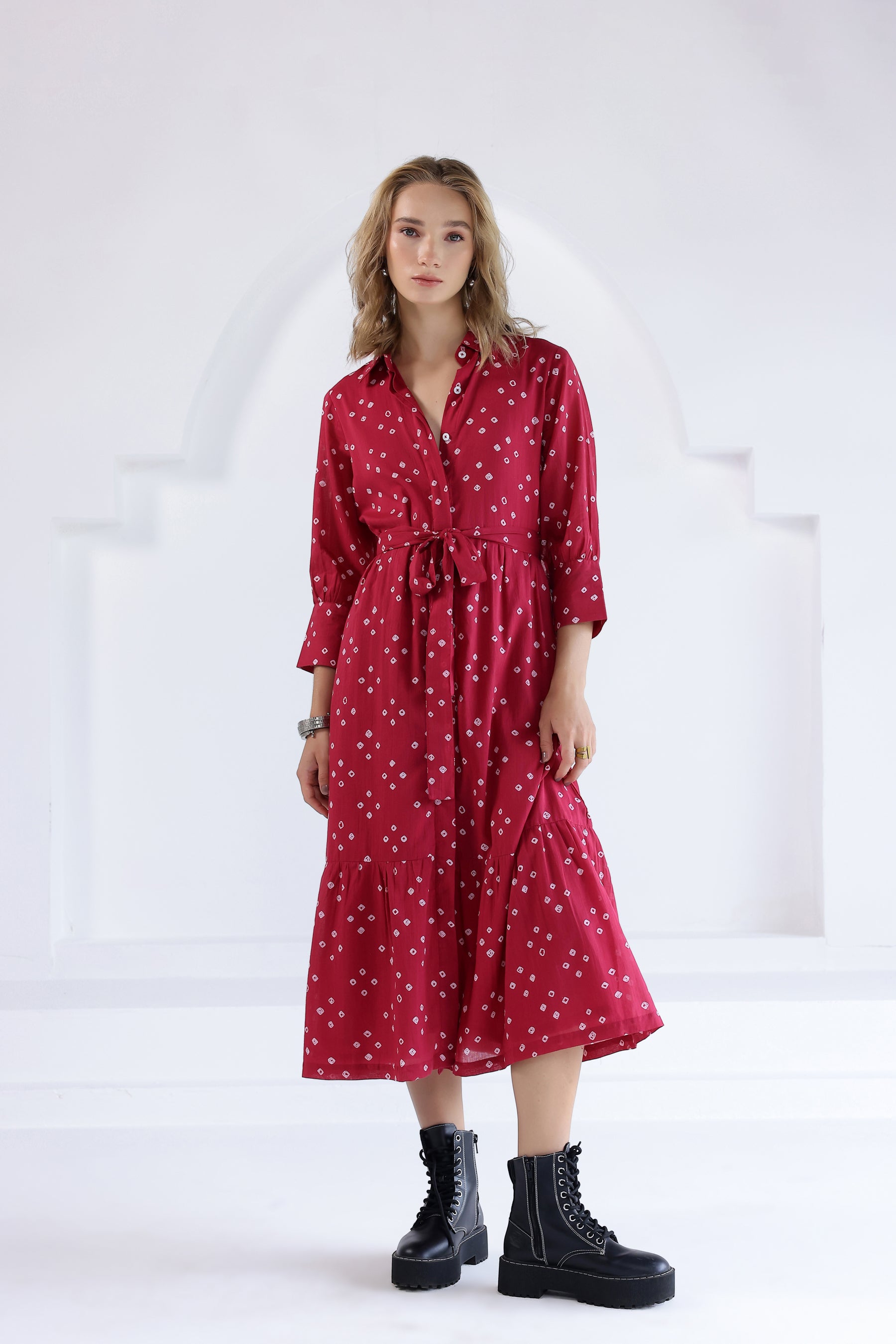 Pink Bandhej Tiered Long Dress