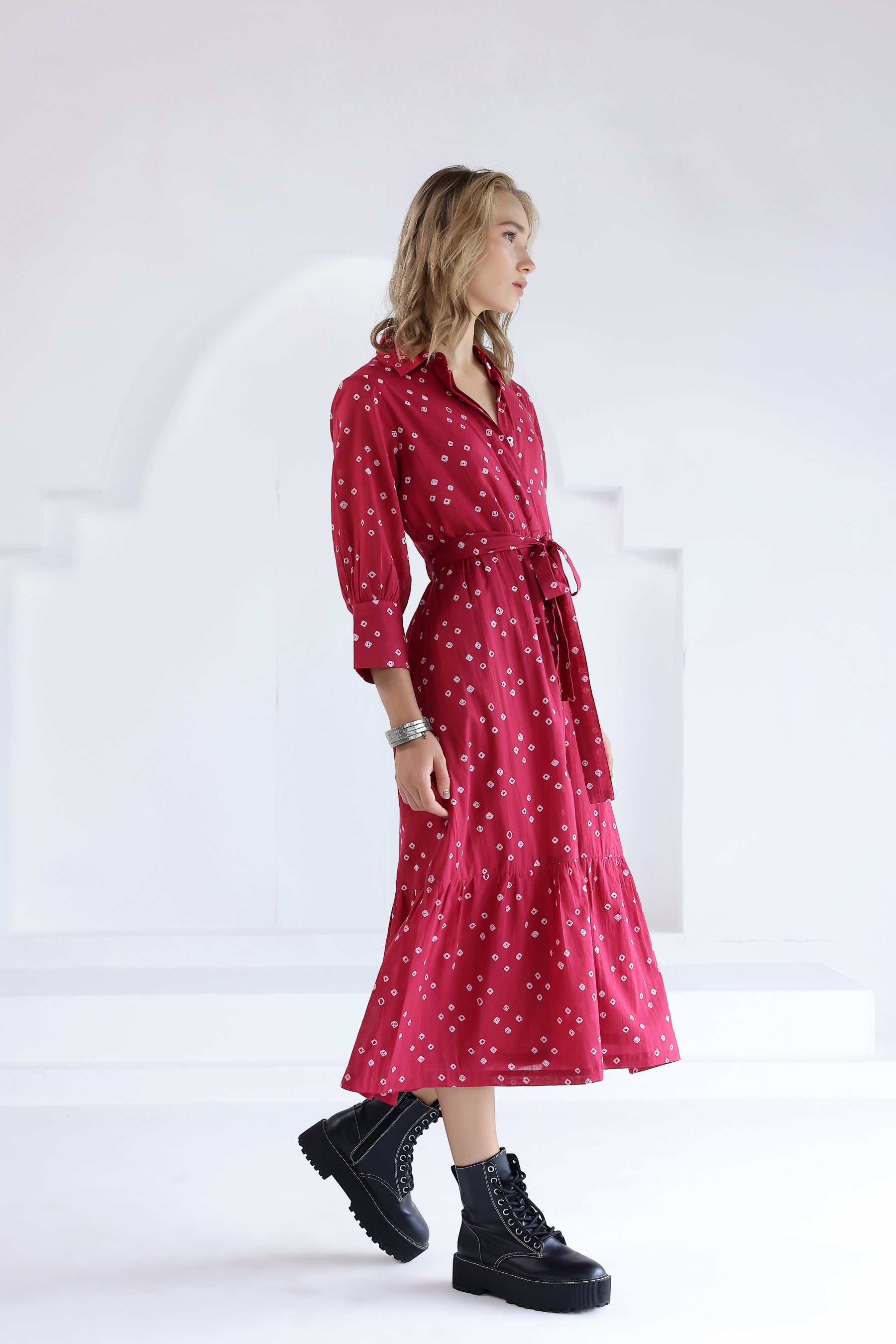 Pink Bandhej Tiered Long Dress