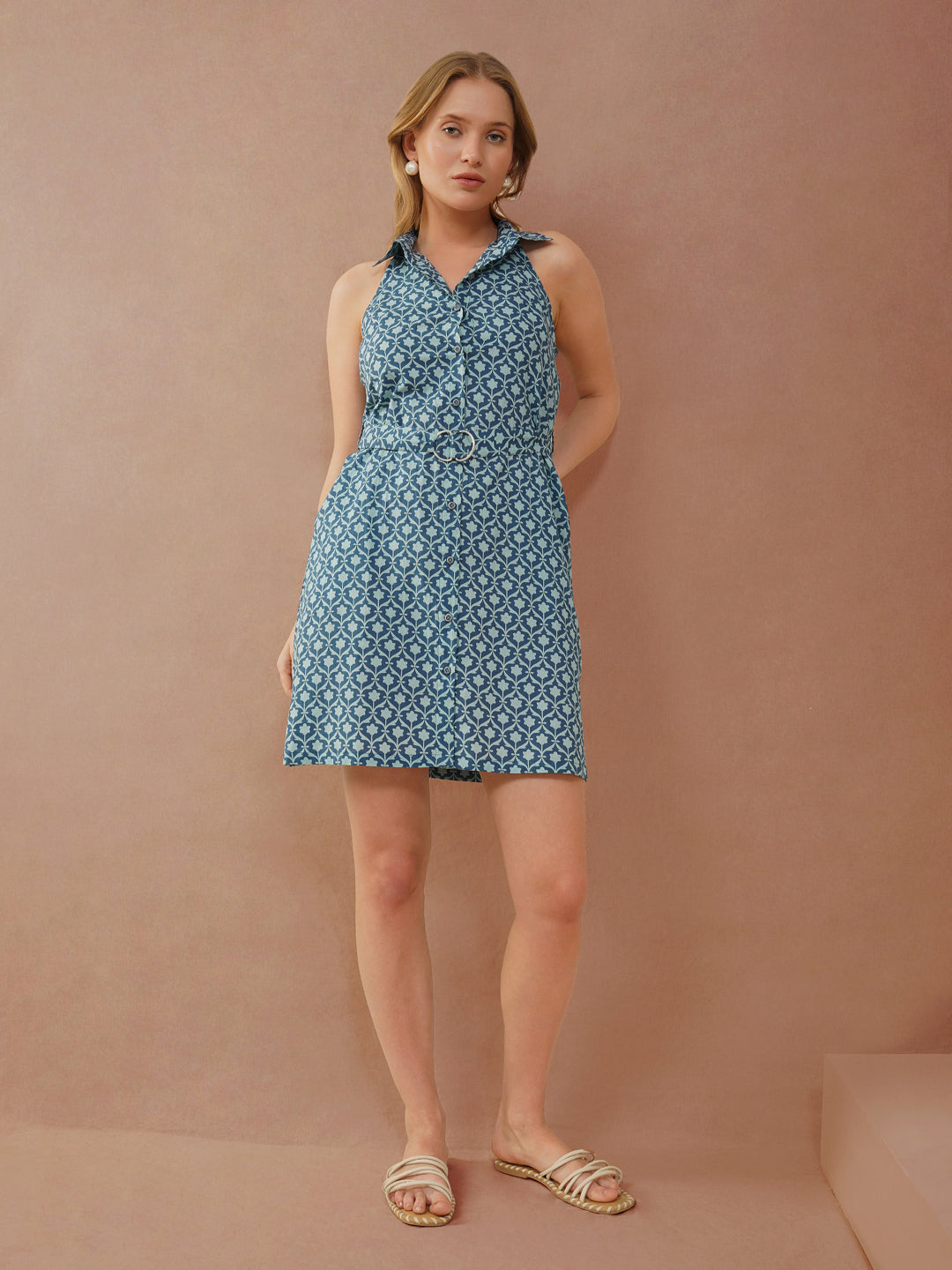 Blue Printed Sleeveless Short Dress with Belt