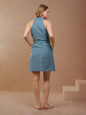Blue Printed Sleeveless Short Dress with Belt