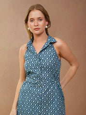 Blue Printed Sleeveless Short Dress with Belt