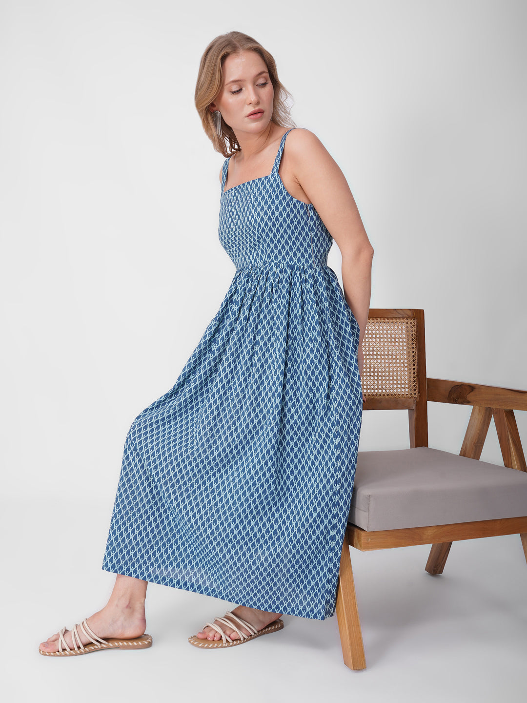 Blue Geometric Print Maxi Dress XS