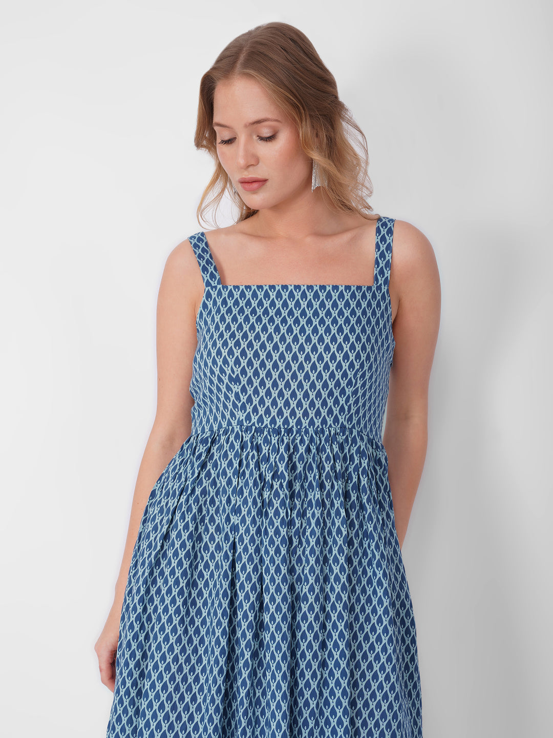 Blue Geometric Print Maxi Dress – Bohorani - Main Image