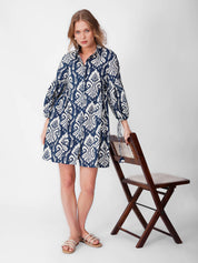 Navy & White Printed A-Line Dress