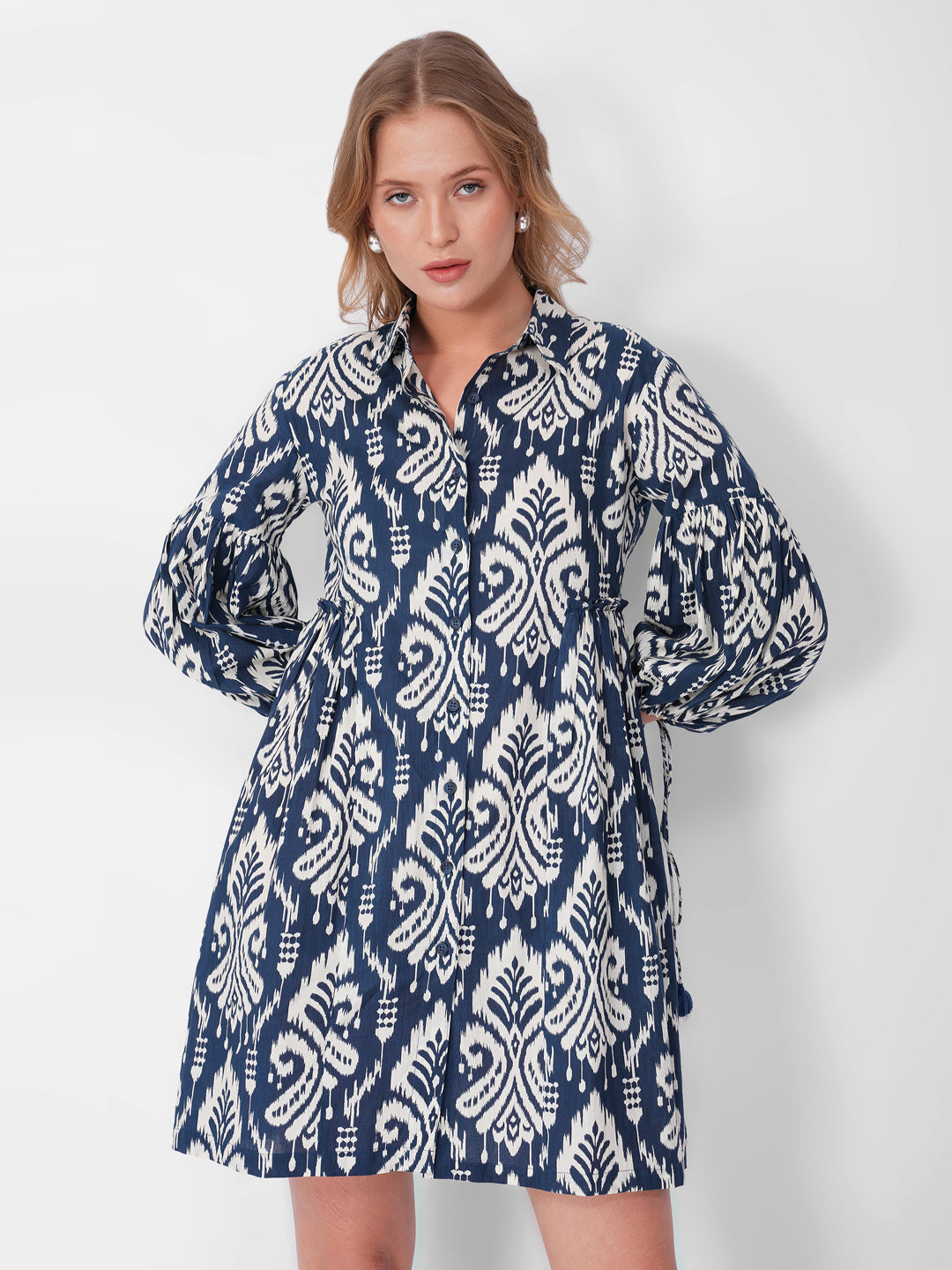 Navy & White Printed A-Line Dress